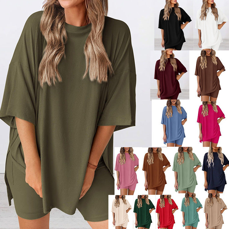 Women Solid Loose Short Sleeve Loungewear Set