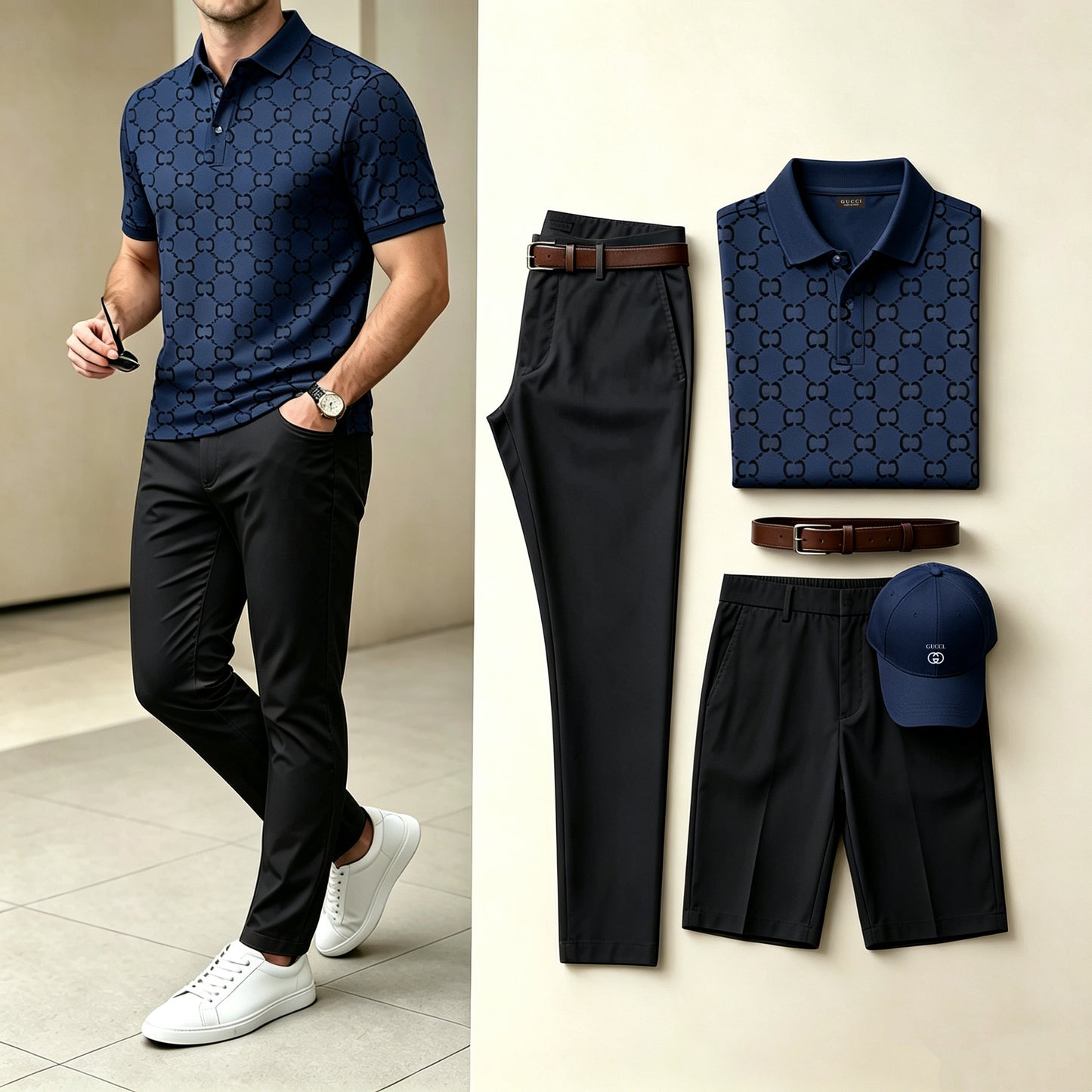 MEN'S 4-IN-1 BUSINESS CASUAL OUTFIT SET |POLO + PANTS + SHORTS + HAT