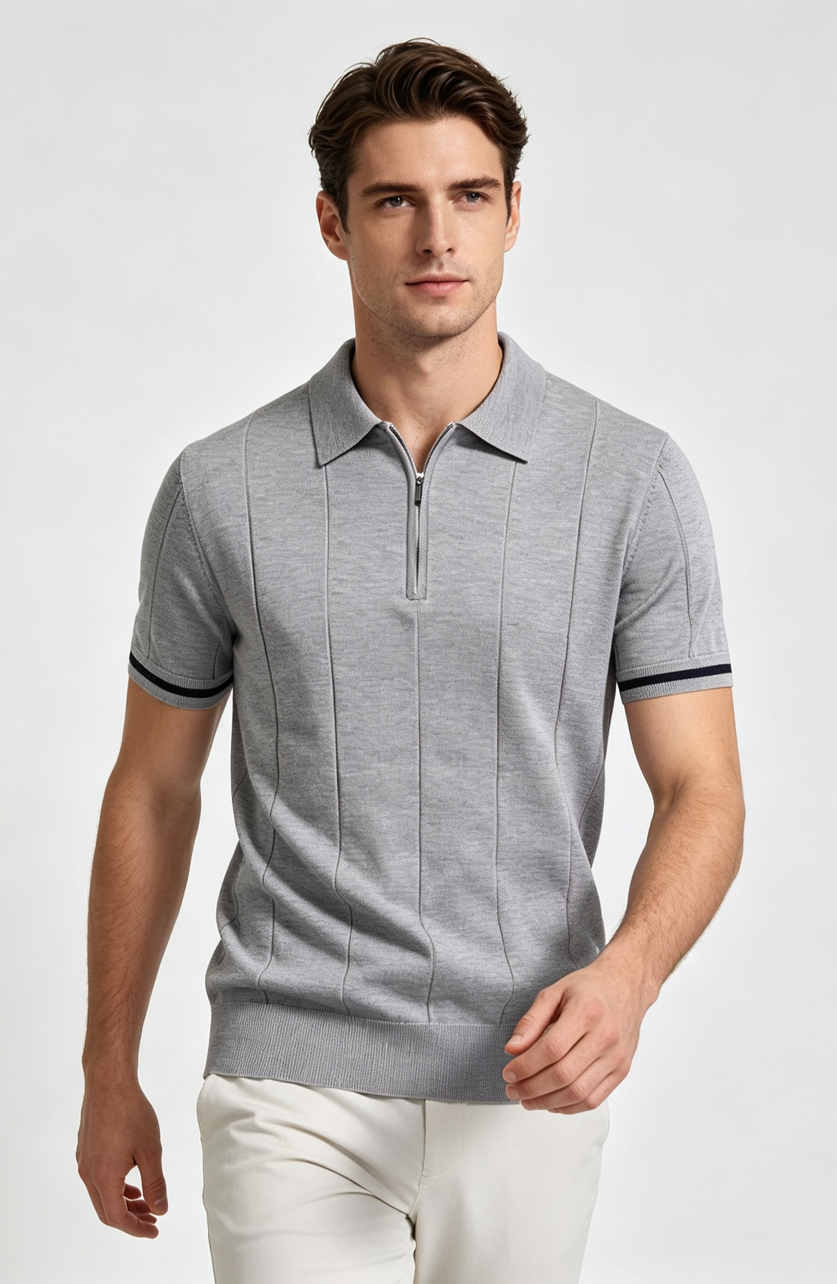 Men Premium Knit Zip‑Up Polo Shirt
