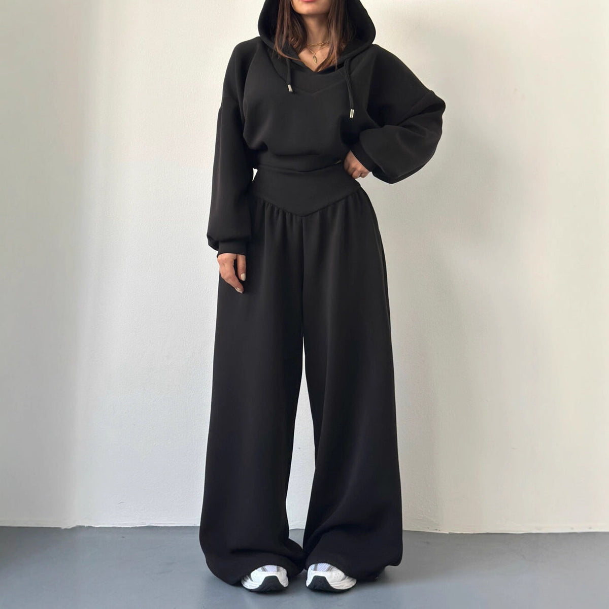 Women’s V-Neck Cropped Hoodie & Wide Leg Pants 2-Piece Set