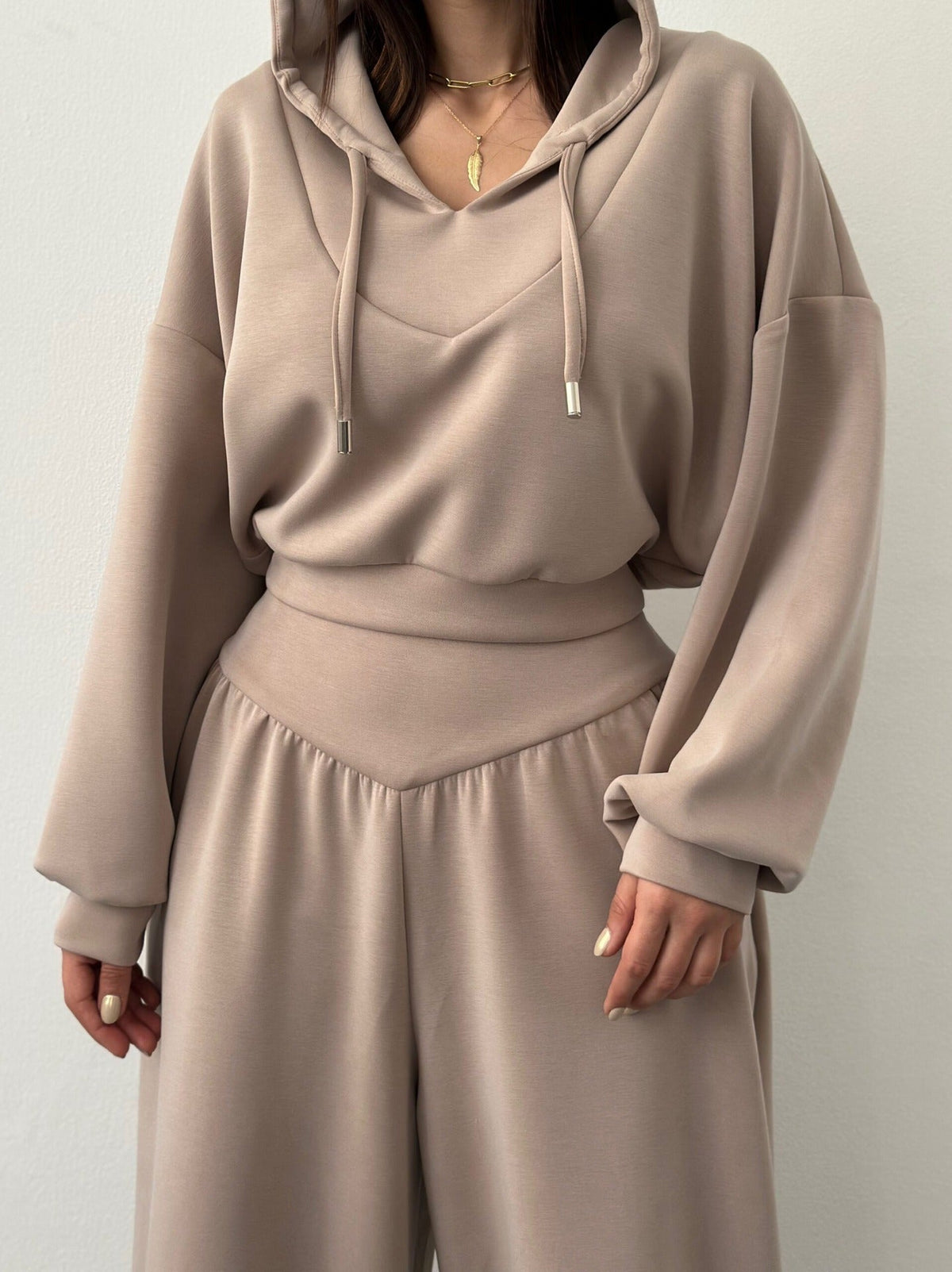 Women’s V-Neck Cropped Hoodie & Wide Leg Pants 2-Piece Set