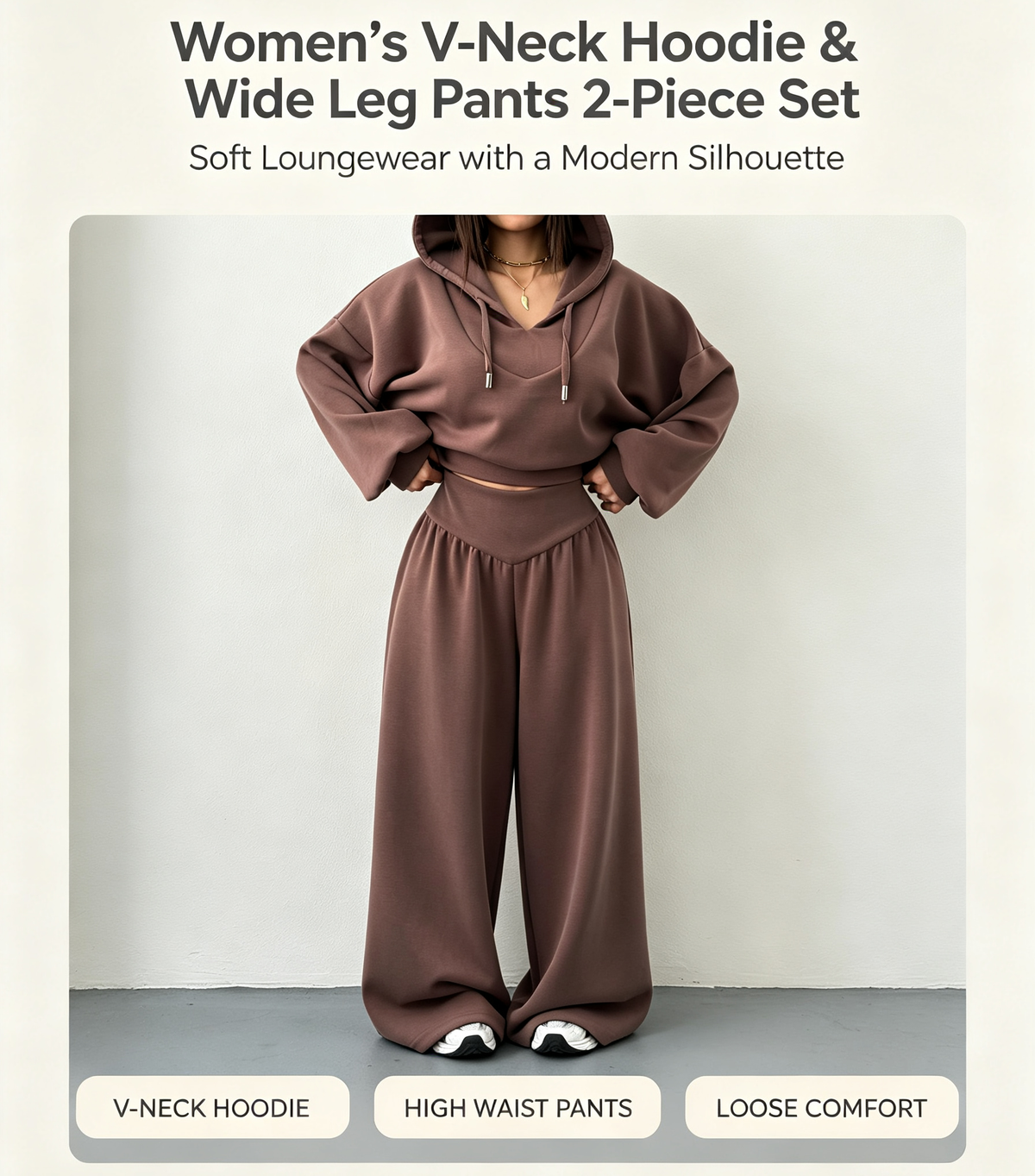 Women’s V-Neck Cropped Hoodie & Wide Leg Pants 2-Piece Set