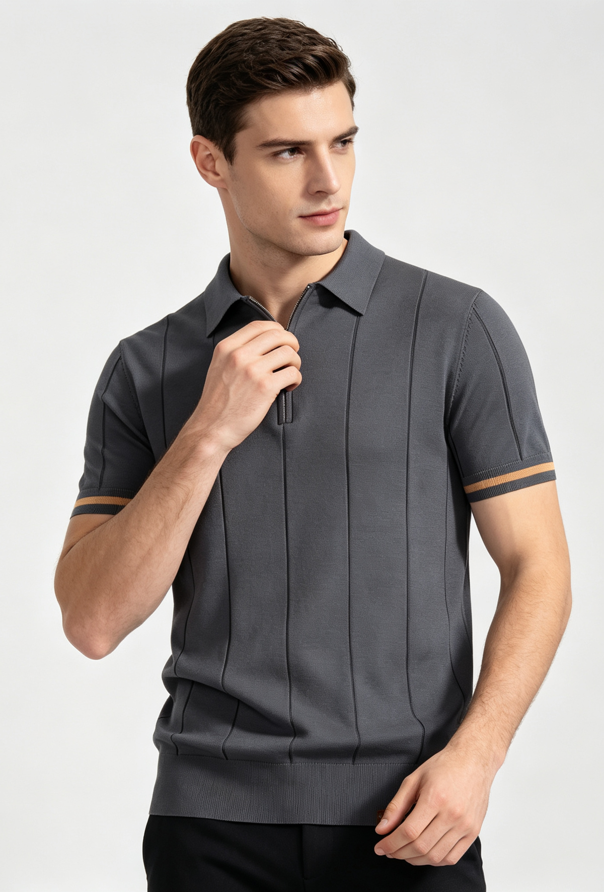 Men Premium Knit Zip‑Up Polo Shirt