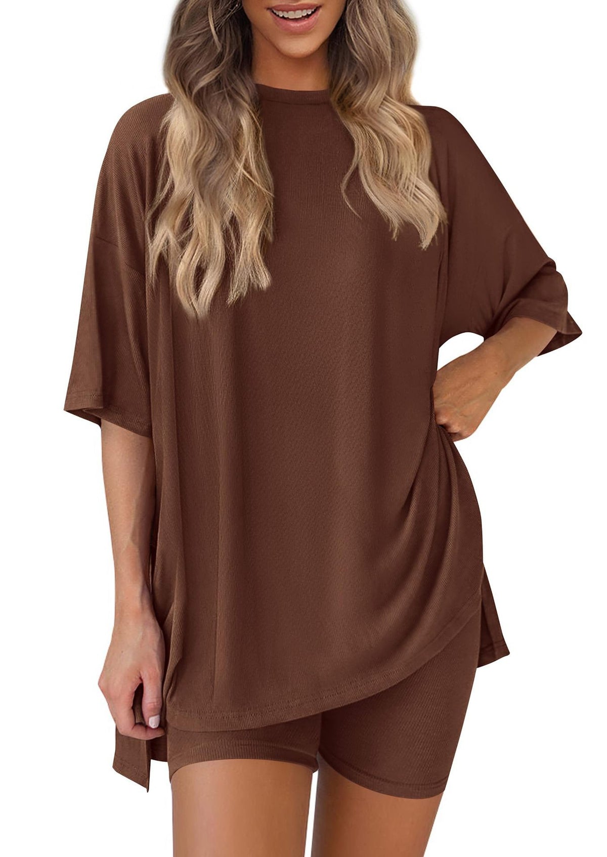 Women Solid Loose Short Sleeve Loungewear Set
