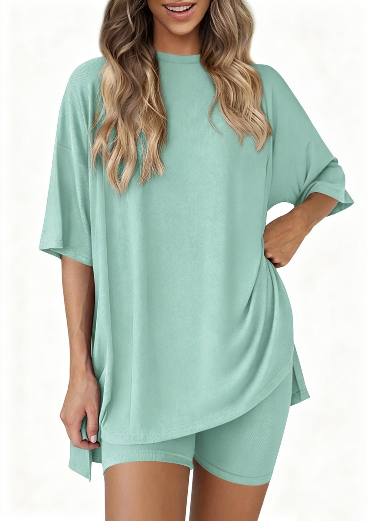 Women Solid Loose Short Sleeve Loungewear Set