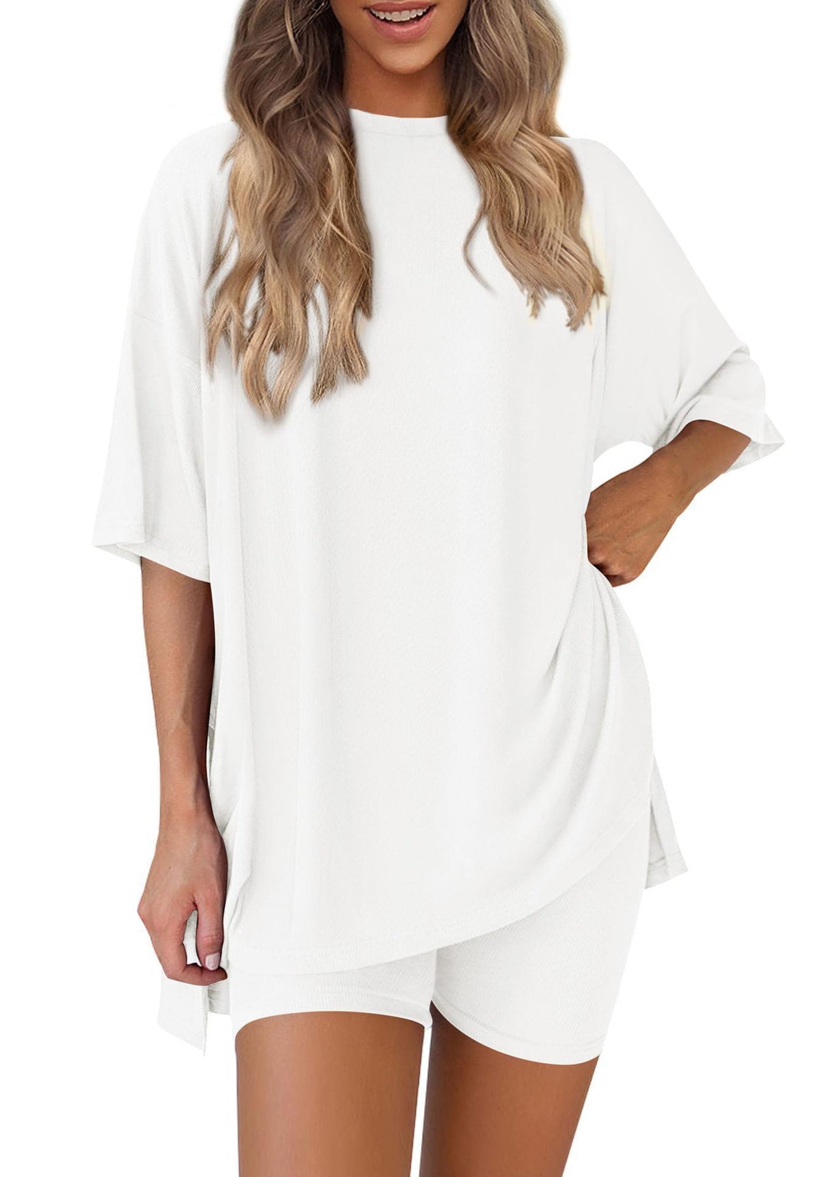 Women Solid Loose Short Sleeve Loungewear Set